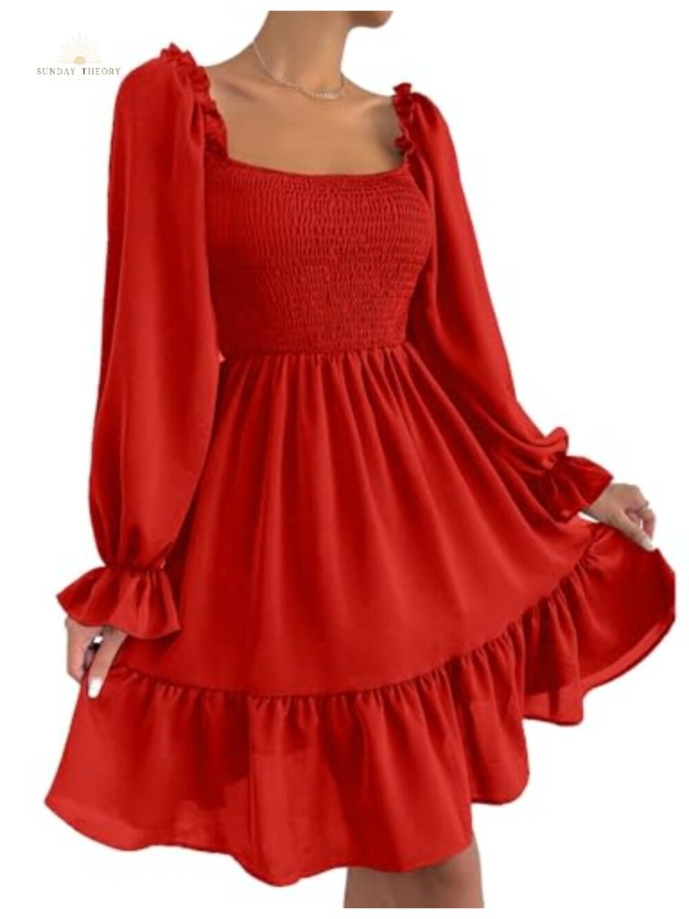 Square Neck Smocked Puff Sleeve A-Line Knee Wedding Guest Dress